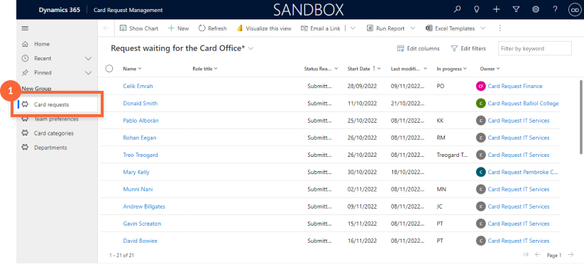 Requests waiting for the Card Office view is the main Card Office view of the card request system